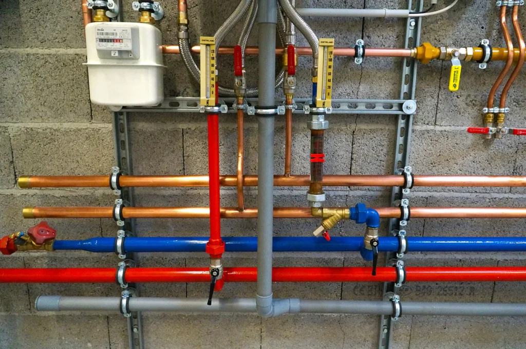 various household plumbing pipes mounted on a wall