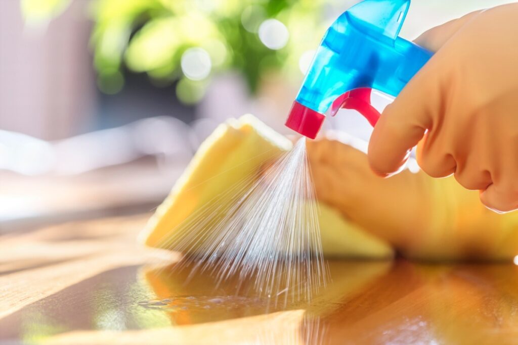 A VRBO cleaner sprays and polishes a surface in a short-term rental home